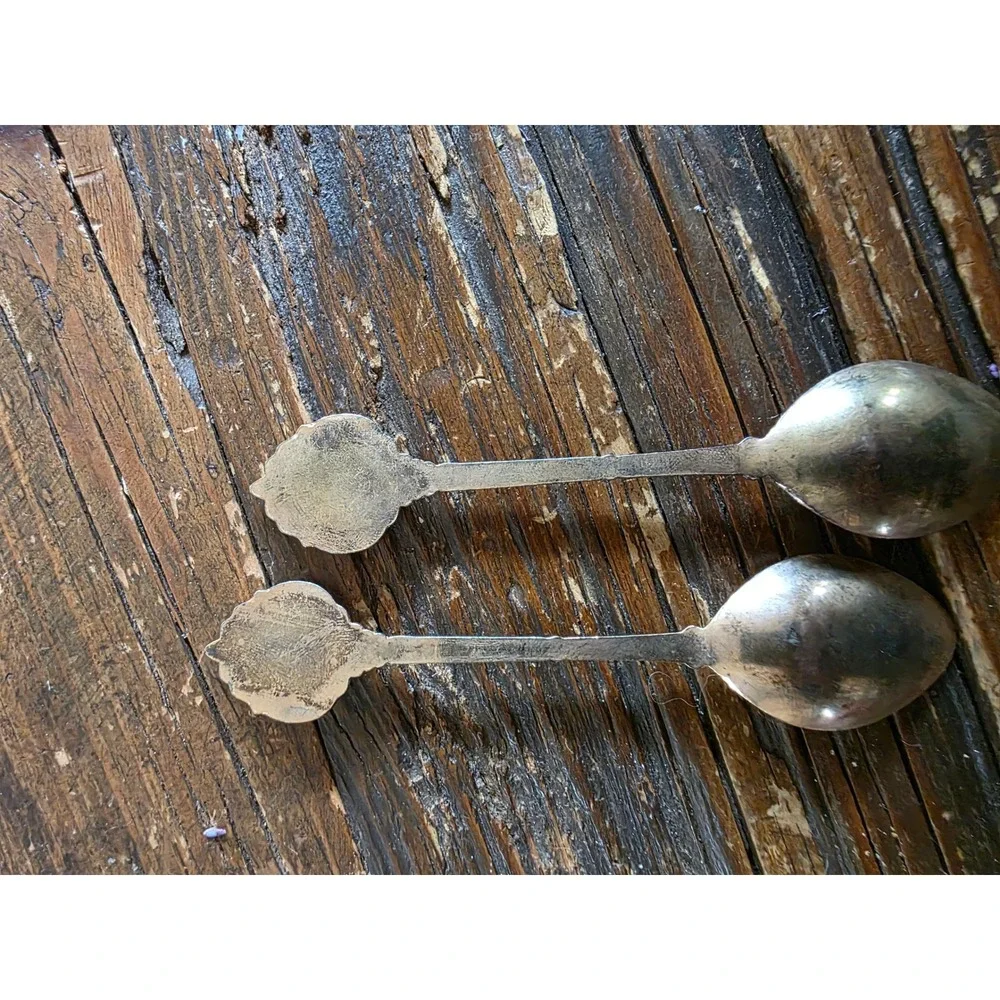 Vintage Floral Porcelain Inset Demitasse Spoons Silver Tone Tea Espresso Set 2